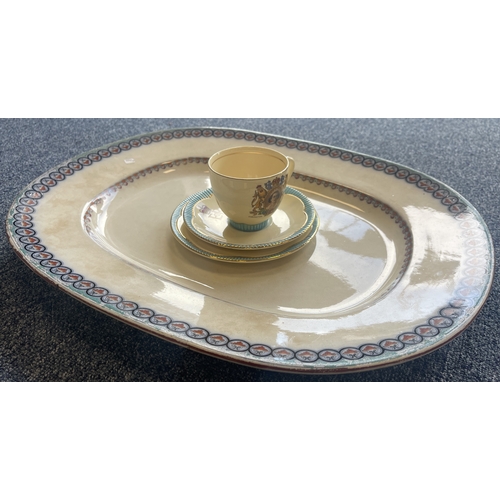 342 - A Clarice Cliff commemorative trio comprising teacup, saucer and tea plate. Together with a large me... 