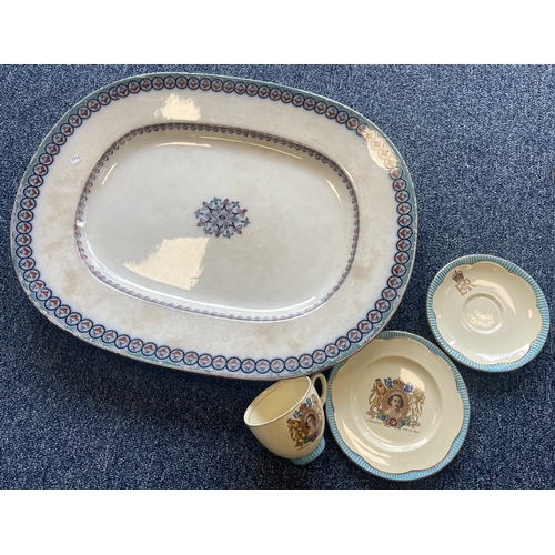 342 - A Clarice Cliff commemorative trio comprising teacup, saucer and tea plate. Together with a large me... 