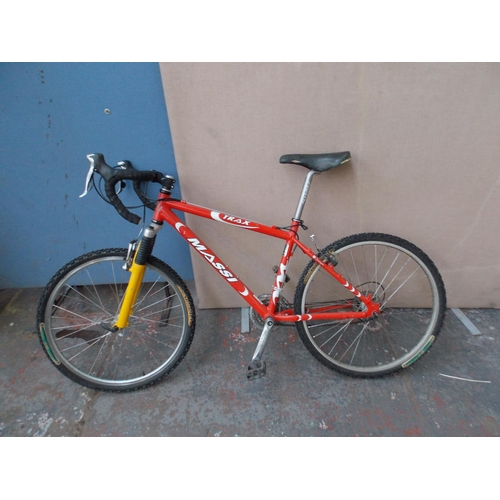 5 - A MODIFIED RED TRAXS MASSI HYBRID BIKE WITH FRONT SUSPENSION, QUICK RELEASE WHEELS AND SHIMANO WHEEL... 