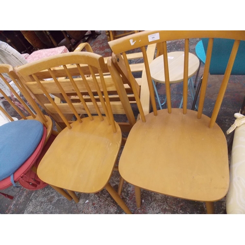 504 - THREE VINTAGE 1950'S CHAIRS,THREE ELM KITCHEN CHAIRS AND TWO WHITE CHAIRS