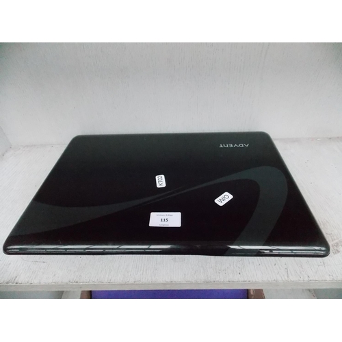 115 - A BLACK ADVENT LAPTOP WITH NEW BATTERY W/O (CHARGER IN OFFICE)