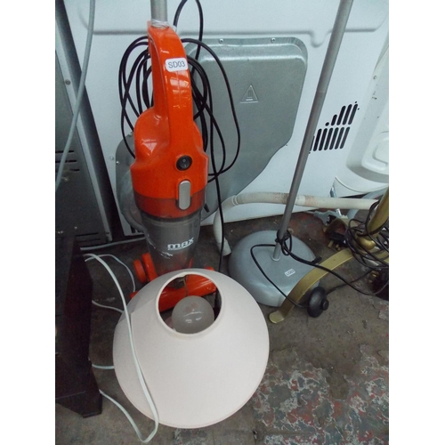 145 - TWO ITEMS - AN ORANGE MAX LIGHTWEIGHT BAGLESS VACUUM CLEANER AND A PINK BEDSIDE LAMP