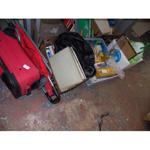 162 - THREE BOXES CONTAINING MIXED RECORDS, OIL LAMPS, POSTCARDS, CHINA, MAGAZINES, SPEAKERS, SUITCASE ETC