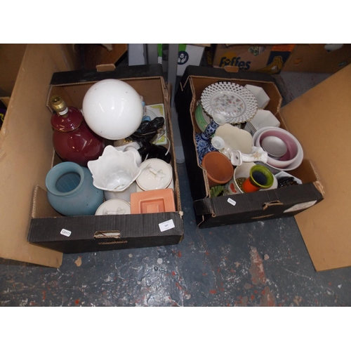 167 - TWO BOXES CONTAINING LAMPS, CANDLE STICKS, MIXED CHINA ETC