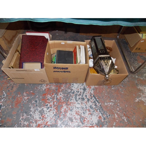 171 - THREE BOXES CONTAINING BOOKS, MIXED CHINA, CUTLERY, METAL CANDLE LANTERN ETC