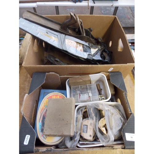 70 - TWO MIXED BOXES CONTAINING STANLEY AND WHITMORE WOOD PLANES, DOOR HINGES, HANDSAWS ETC