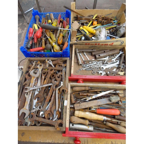71 - FIVE BOXES CONTAINING GOOD QUALITY TOOLS - SPANNERS, SCREWDRIVERS, FILES ETC