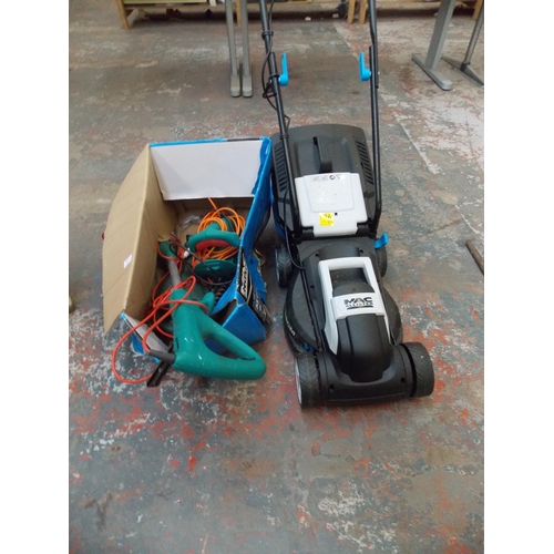 93 - A MIXED LOT OF FOUR GARDENING ITEMS - MACALLISTER ELECTRIC LAWN MOWER WITH GRASS COLLECTOR AND THREE... 