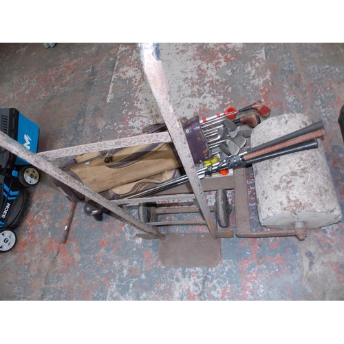 94 - A MIXED LOT OF THREE ITEMS - VINTAGE SACK TRUCK, GARDEN ROLLER AND A GOLF BAG CONTAINING VARIOUS CLU... 