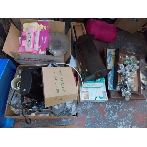 198 - FIVE MIXED BOXES CONTAINING POTTERY, GLASSWARE, SUITCASES, ELECTRICAL'S ETC