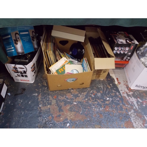 170 - FOUR BOXES CONTAINING MIXED RECORDS, ELECTRICAL'S, PICTURE FRAMES, RADIO, CHINA ETC
