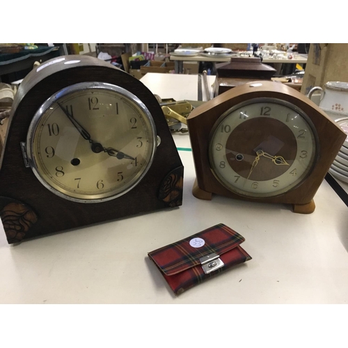 243 - TWO MANTLE CLOCKS - ONE WITH KEY AND OTHER WITH PENDULUM AND KEYS