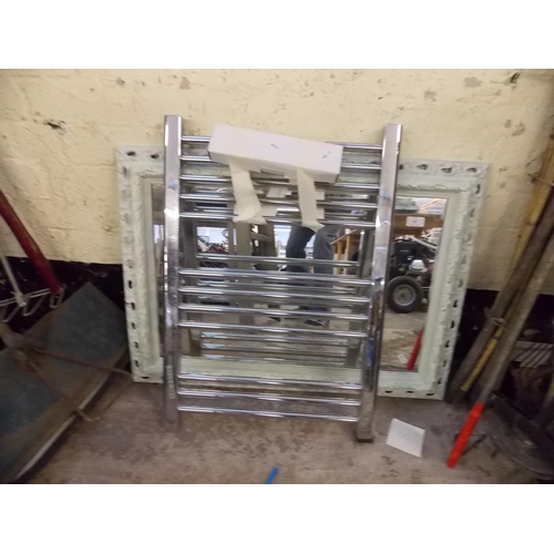 65 - TWO ITEMS TO INCLUDE A CHROME TOWEL RAIL AND AN ORNATE MIRROR