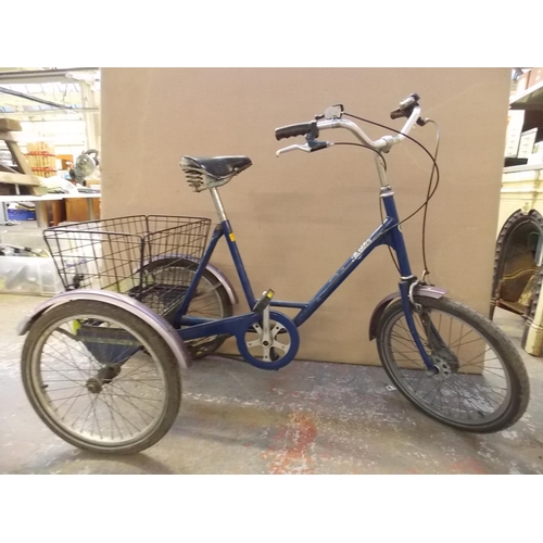 7 - A VINTAGE BLUE PASHLEY ADULT TRICYCLE WITH FRONT DRUM BRAKE AND 3 SPEED STURMEY ARCHER GEAR SYSTEM