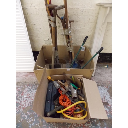 119 - TWO BOXES CONTAINING GARDENING HAND TOOLS TO INCLUDE SPADE, FORK, RAKE, SHEARS ETC