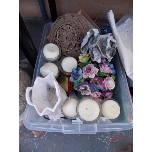 1013 - THREE BOXES CONTAINING TINS, TREEN ITEMS, TERRACOTTA VASE,  CAPODIMONTE STYLE ORNAMENTS, LARGE  CARV... 