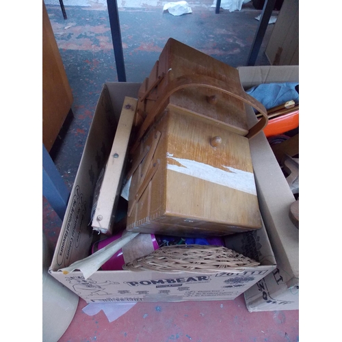 1026 - TWO BOXES CONTAINING A LARGE QUANTITY OF SEWING EQUIPMENT, A DRESSING TABLE MIRROR, VINTAGE TOYS, TW... 