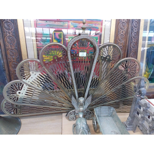 1038 - FIVE ITEMS TO INCLUDE AN ORNATE BRASS FAN FIRESCREEN, A CAST METAL HORSE AND CART, A CAST IRON FIRE ... 