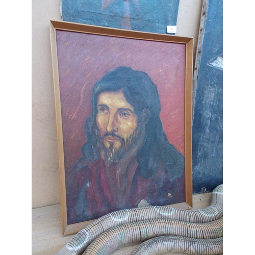 1211 - TWO ITEMS - AN OIL ON BOARD OF JESUS SIGNED G.T. AND AN EARLY 19TH CENTURY OIL ON CANVAS OF MARY