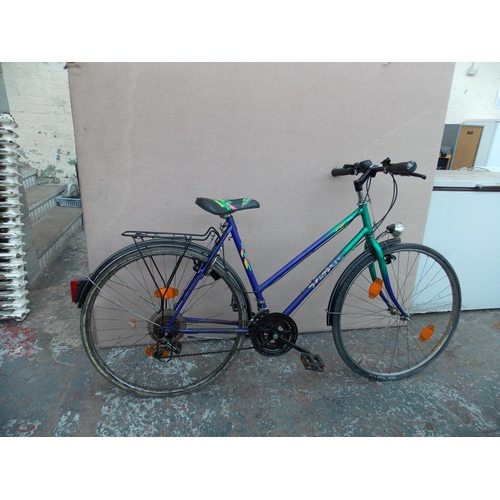 1 - A BLUE AND GREEN PROPHETE TREKKING LADIES TOWN BIKE WITH DYNAMO LIGHTS AND 18 SPEED SHIMANO GEAR SYS... 