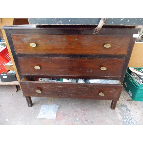 129 - A THREE DRAWER CHEST CONTAINING BOXED STANLEY WOOD PLANE, DRILL BRACE, HALFORDS BATTERY CHARGER, DOO... 