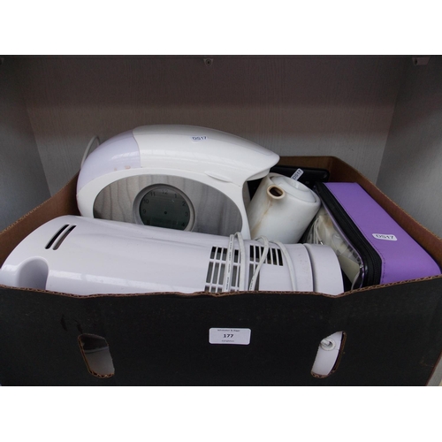 177 - ONE BOX CONTAINING ONE SWAN TEASMADE, BLACK SPUR HEATER, BABY MONITOR ETC