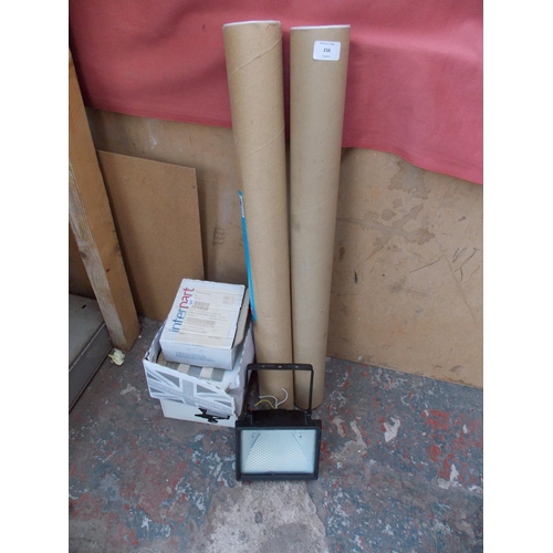 216 - A MIXED LOT OF FIVE ITEMS TO INCLUDE TWO 121 TUBULAR HEATERS, HALOGEN LIGHTS, SMALL TILES ETC