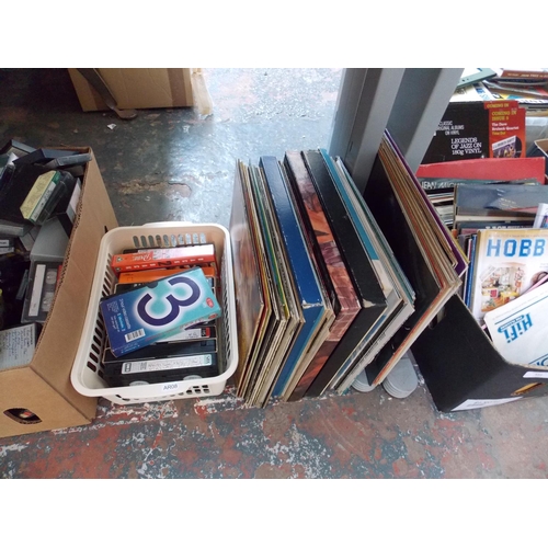 231 - THREE BOXES AND A BASKET CONTAINING CD'S, LP RECORDS, CASSETTES ETC