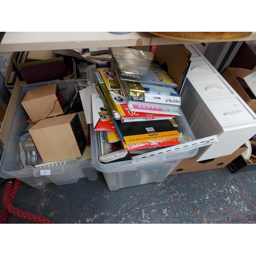 236 - SIX BOXES CONTAINING GLASSWARE, CHINA, MIRRORS, SPEAKERS, BOOKS, SMALL WHITE CHEST OF FOUR DRAWERS E... 