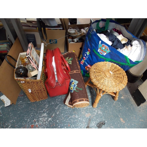 238 - A MIXED LOT TO INCLUDE GLASSWARE, CLOTHES, WICKER STOOL, RED LEATHER BAG ETC