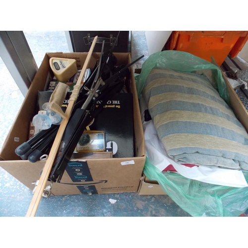 248 - TWO BOXES CONTAINING CHESS GAME, MATERIAL, CLOTHES HANGERS, TRIPOD ETC