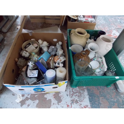 249 - TWO BOXES CONTAINING MIXED CHINA, GLASSWARE, FIGURINES ETC