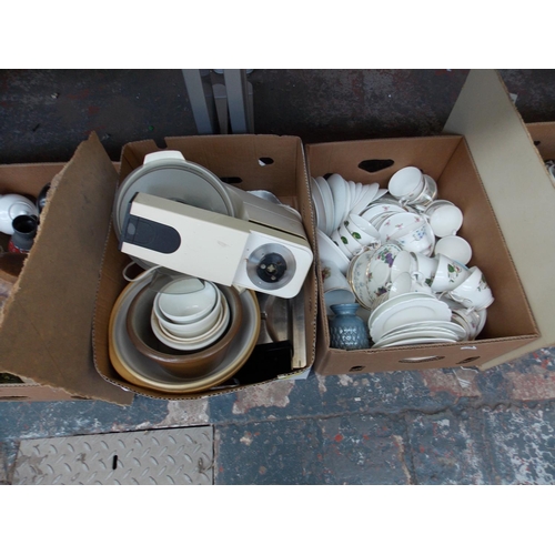 258 - TWO BOXES CONTAINING VARIOUS KITCHENALIA TO INCLUDE KENWOOD MIXER, TRAYS, PLATES, CHINA ETC