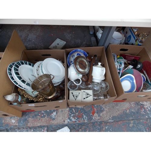 259 - THREE BOXES CONTAINING CLOCKS, CHINA, GLASSWARE, BRASSWARE ETC