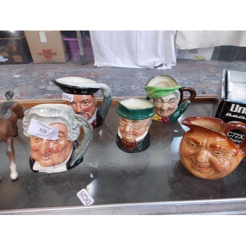 309 - FIVE ROYAL DOULTON CHARACTER JUGS TO INCLUDE HENRY VIII, THE LAWYER, MR PICKWICK, SAIRY GAMP AND THE... 