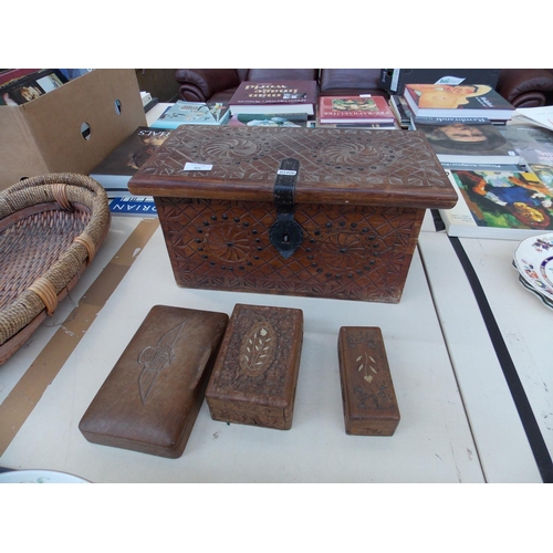 325 - FOUR WOODEN BOXES AND TWO WICKER BASKETS