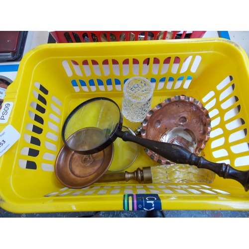 353 - A BASKET CONTAINING COPPERWARE, GLASSWARE AND TWO MAGNIFYING GLASSES