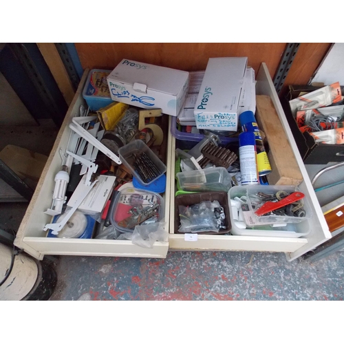 73 - TWO BOXES CONTAINING MARPLES WOOD CHISELS, WOODEN SCRIBERS, DRILL BITS, WOODEN BOX PLANE ETC