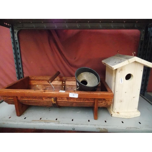 75 - THREE ITEMS TO INCLUDE A WOODEN BIRD BOX, A GARDEN PLANTER AND A PLASTIC BIRD BOX