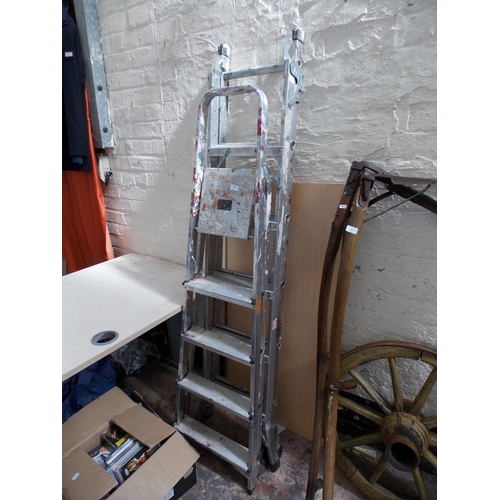 84 - TWO SETS OF ALUMINUM LADDERS, ONE TRADITIONAL STEP AND ONE 3 WAY