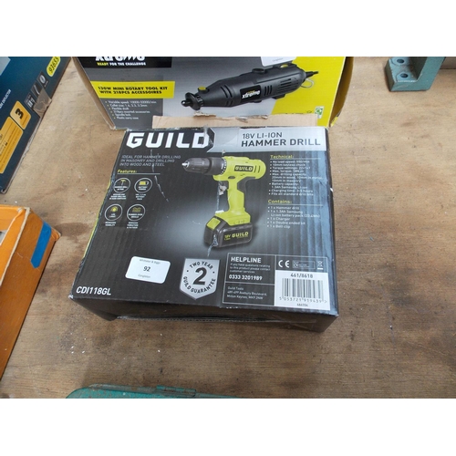 92 - A BOXED GUILD 18V CORDLESS HAMMER DRILL IN W/O