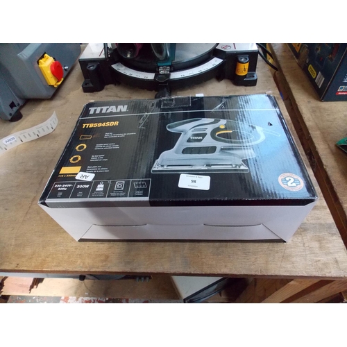 98 - A BOXED TITAN TTB594SDR ELECTRIC FLATBED SANDER IN W/O