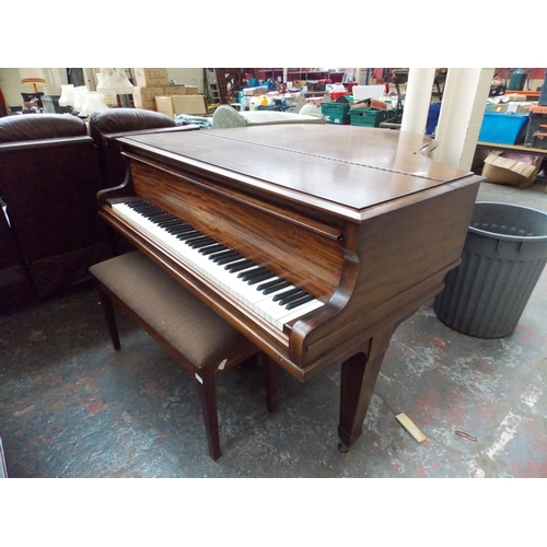 438 - A ROGERS OF LONDON MAHOGANY BABY GRAND PIANO WITH STOOL