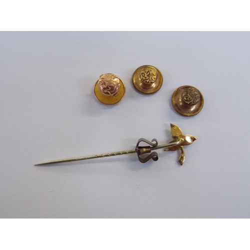 480 - A LADIES WRISTWATCH, A GOLD COLOURED STICK PIN AND THREE GENTS SHIRT STUDS