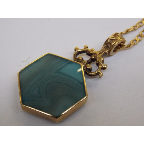 490 - A 9 CARAT GOLD AGATE PENDANT AND CHAIN