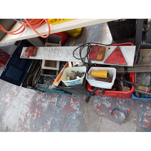 148 - EIGHT MIXED BOXES CONTAINING DRAIN PIPE FITTINGS, NAILS, CUTTING DISCS, GAS BOTTLE AND BLOW TORCH ET... 