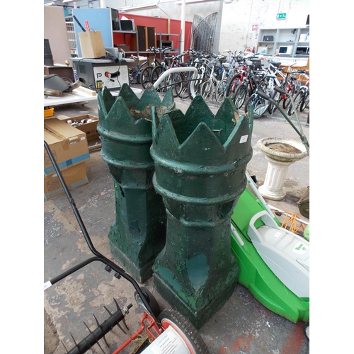 163 - TWO LARGE GREEN PAINTED CHIMNEY POTS