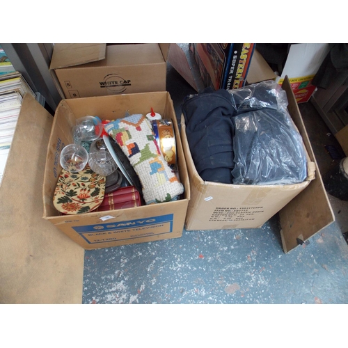 236 - TWO BOXES CONTAINING MIXED GLASSWARE, CLOTHES, BOOKS ETC