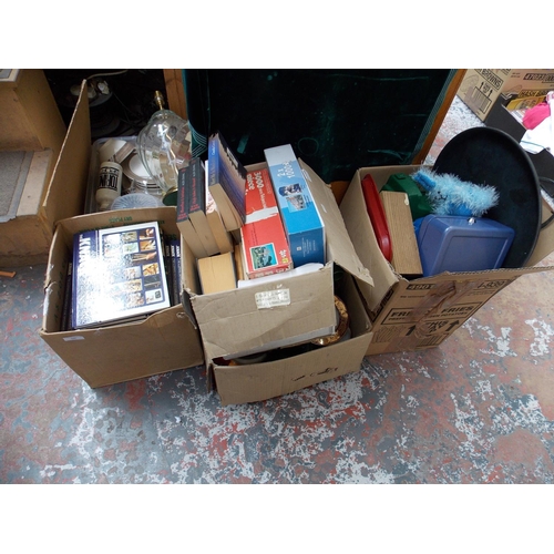 240 - FIVE BOXES CONTAINING CHINA, BOOKS, LAMP, JIGSAWS ETC