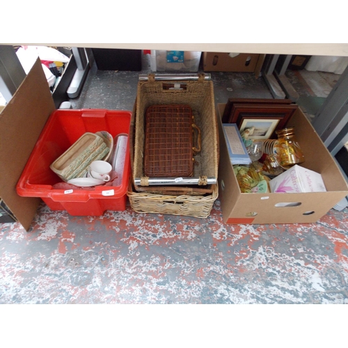 242 - SIX BOXES CONTAINING MIXED CHINA, VASES, GLASSWARE, WICKER BASKETS ETC